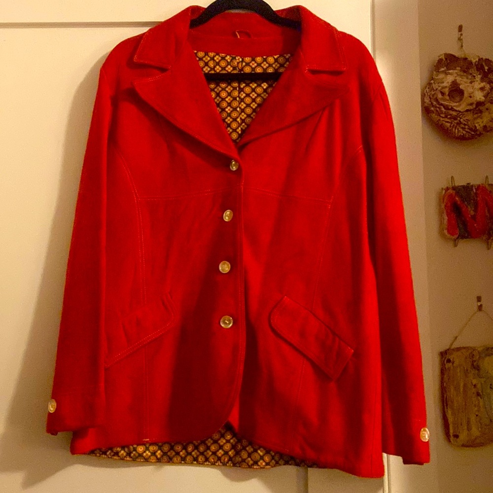 Dark orange soft suede vintage blazer with contrast stitching.